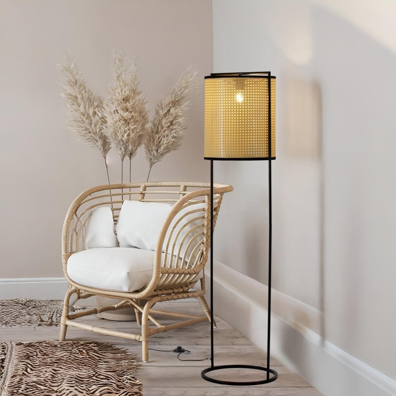 Nova Luce Erto - lampadaire - Ø cm - noir sablé et rotin