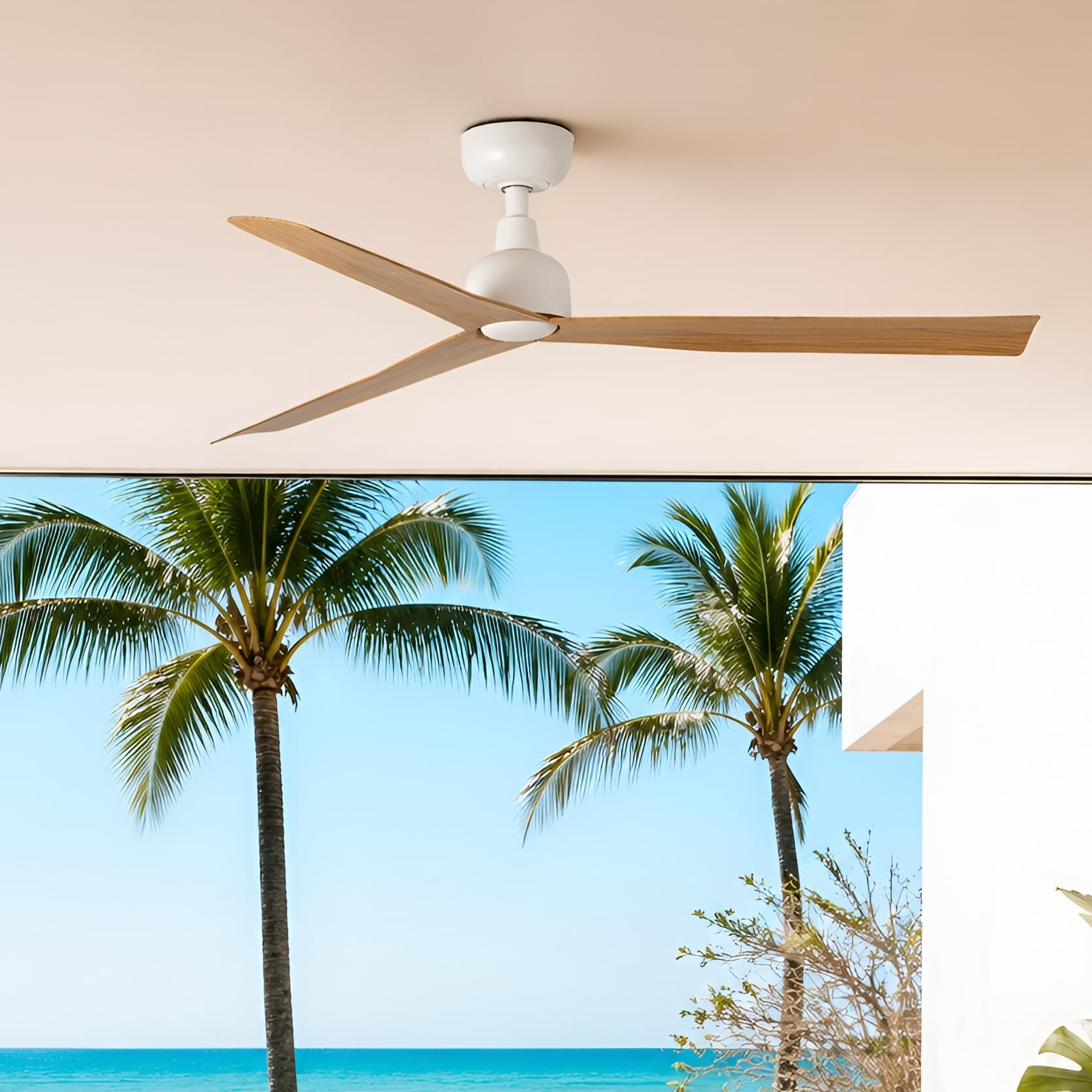 Faro Marine M - ventilateur de plafond pour extérieur - Ø - IP44 - blanc mat et motif chêne