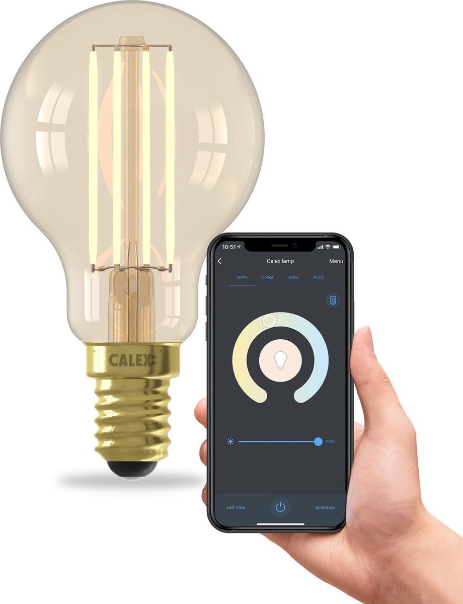 Ampoule LED intelligente Calex - Ø 4,5 x - E14 - 4,9W - fonction de gradation via application - 1800 à 3000K - doré