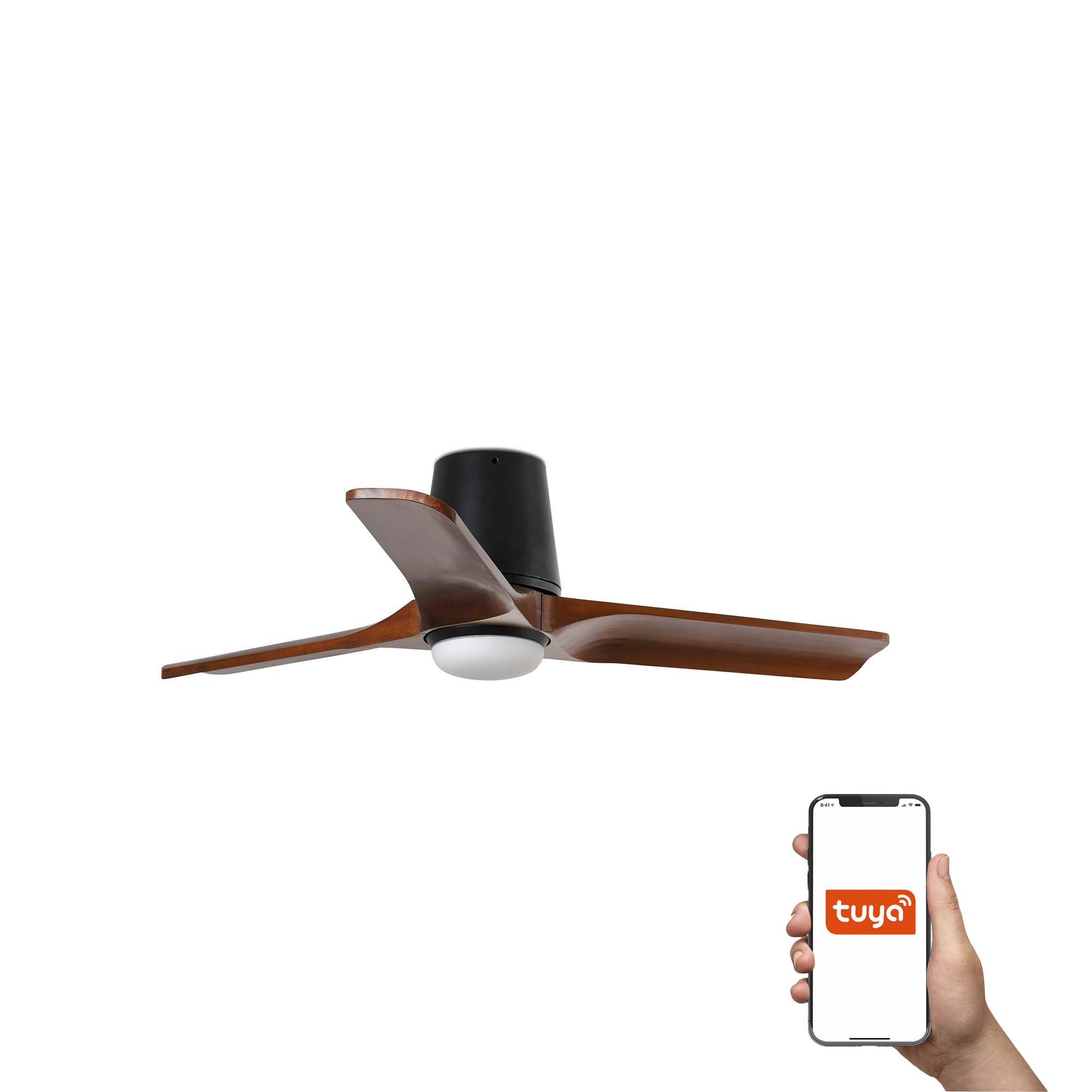 Faro Heywood Tub S Tuya Smart - ventilateur de plafond avec lumière et télécommande - Ø ,2 cm - noir mat et noyer foncé
