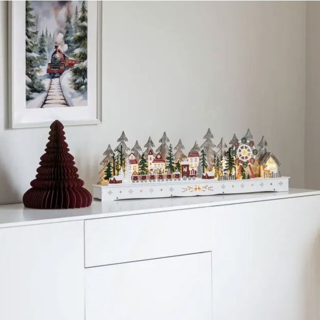 Éclairage de Noël Konstsmide - village en bois avec Père Noël à piles - 78 x 25 x 9 cm - blanc