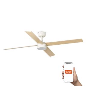 Faro Rudder L 4 Tuya Smart - ventilateur de plafond avec lumière et télécommande - Ø 132 x 27,6 cm - blanc mat et frêne