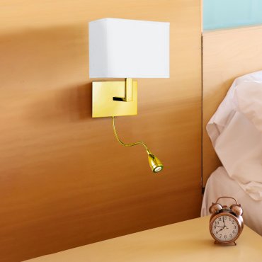 Searchlight Hotel - applique murale avec liseuse - 20 x 26 cm - E27 + 1,45W LED inclus - laiton satiné et blanc