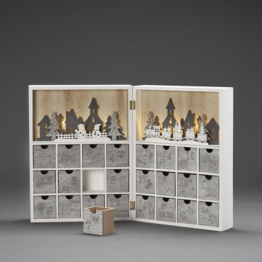 Konstsmide Lumières de Noël - calendrier de l'avent en bois alimenté par piles - 27,5 x 36,5 x 11 cm - blanc