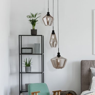 Searchlight Mia - lampe suspendue - Ø 51 x 150 cm - noir mat et verre fumé