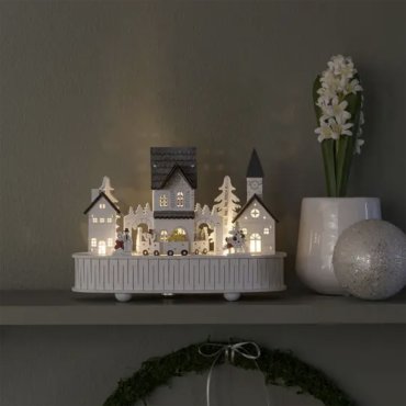 Konstsmide Lumières de Noël - maison et église en bois alimentées par piles - avec musique - 22 x 12 x 15,5 cm - blanc