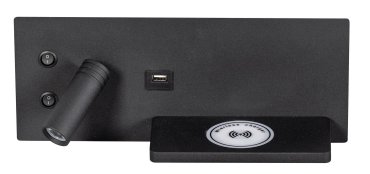 ETH Nighty Left - applique murale avec double interrupteur, USB et charge sans fil - 30 x 3 x 12 cm - LED 7W inclus - noir