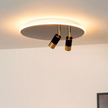 Lucide Jubel - plafonnier - Ø 40 x 16,5 cm - 25W + 2x 5W LED dimmable inclus - noir chrome &amp; laiton