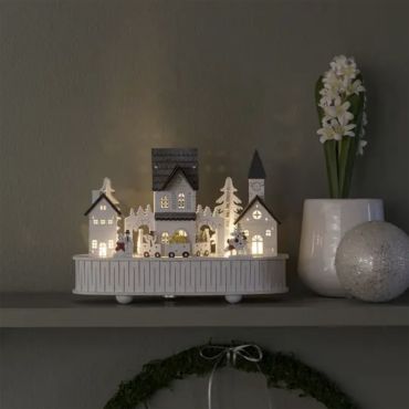 MODÈLE D’EXPOSITION - Konstsmide Lumières de Noël - maison et église en bois alimentées par piles - avec musique - 22 x 12 x 15,5 cm - blanc