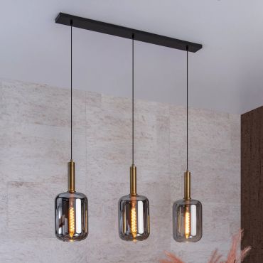 Lucide Joanet - lampe suspendue - 110 x 22 x 180 cm - verre fumé et laiton